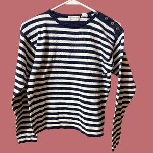 Liz Claiborne Collection Navy White Striped Cotton Sweater Button Shoulder